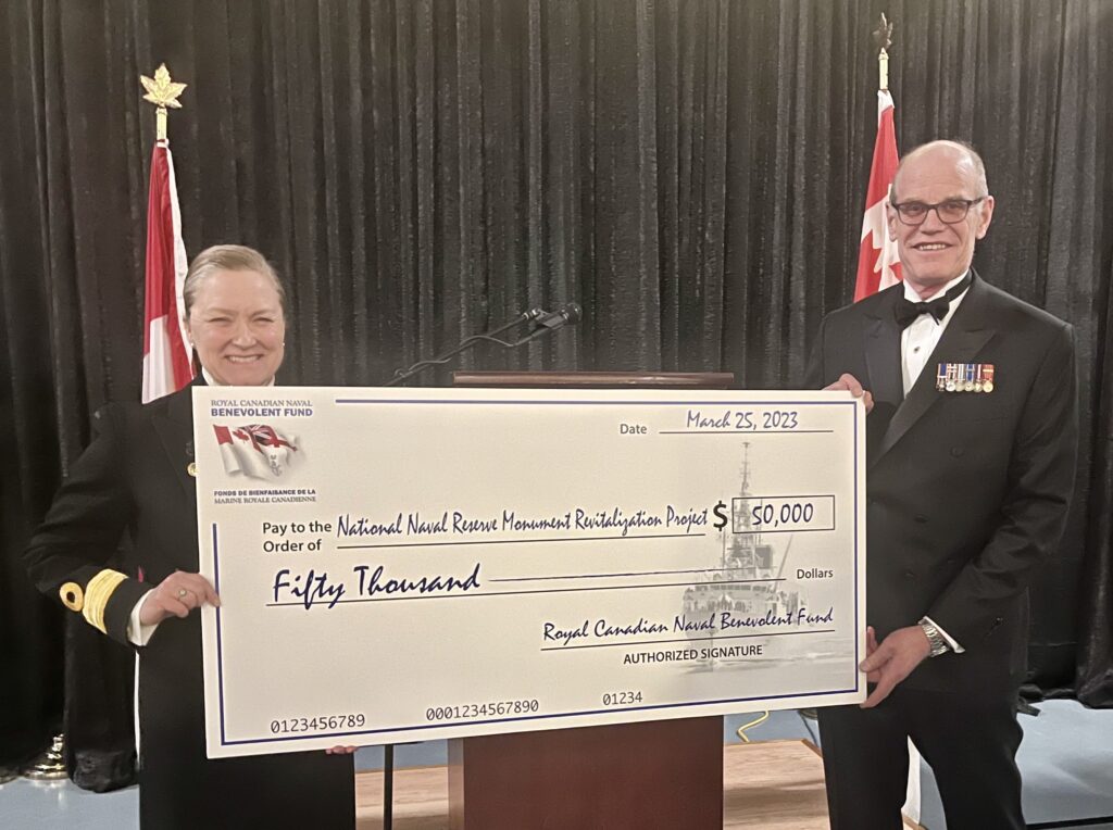 Cmdre Marta Mulkins accepts a donation of $50,000 from RCNBF President LCdr (Ret’d) Tom Riefesel, MMM, CD towards restoration of the National Naval Reserve Monument.
